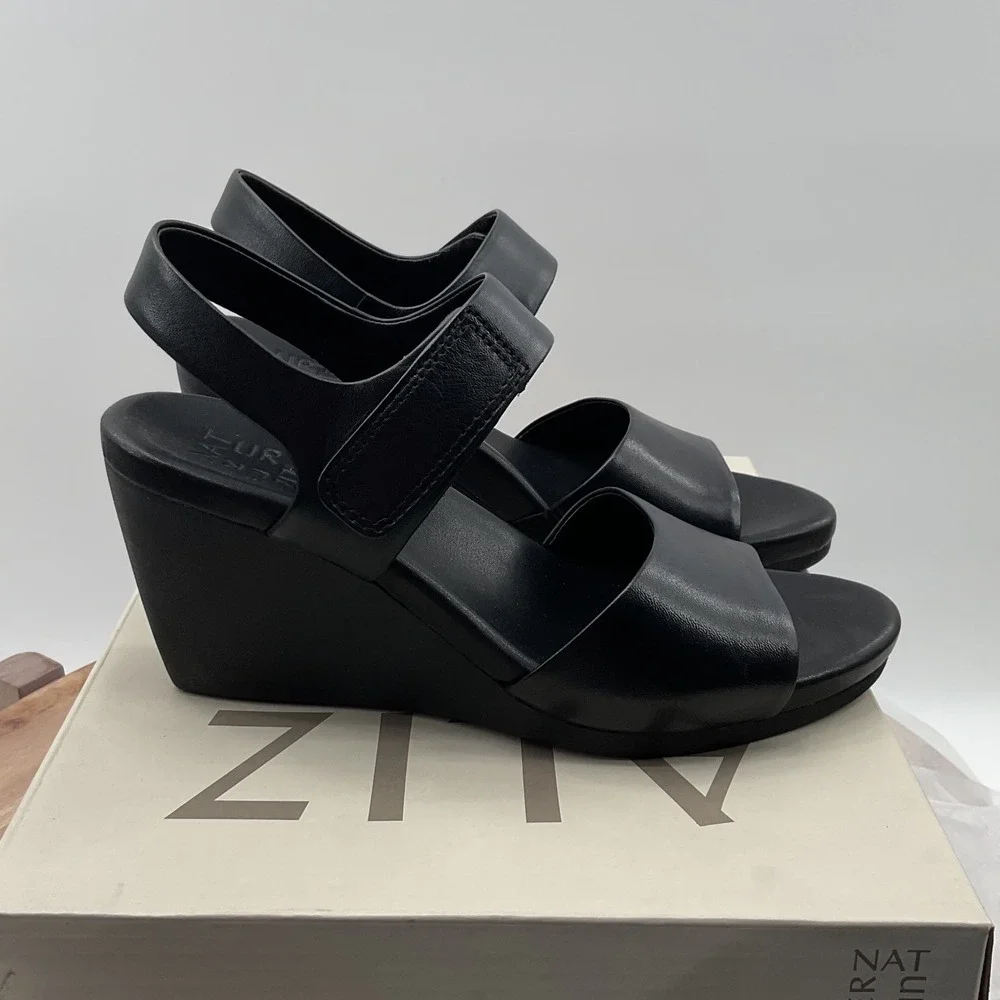 Naturalizer 27 Edit Ziv Black Leather Wedge Sandals Womens Slingback Strappy